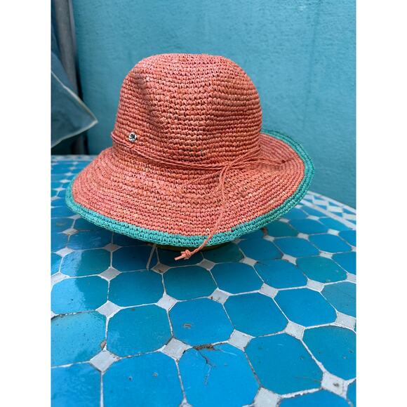VINTAGE FLORA BELLA 100% RAFFIA ADJUSTABLE STRAW HAT CORAL TURQUOISE - Picture 4 of 6